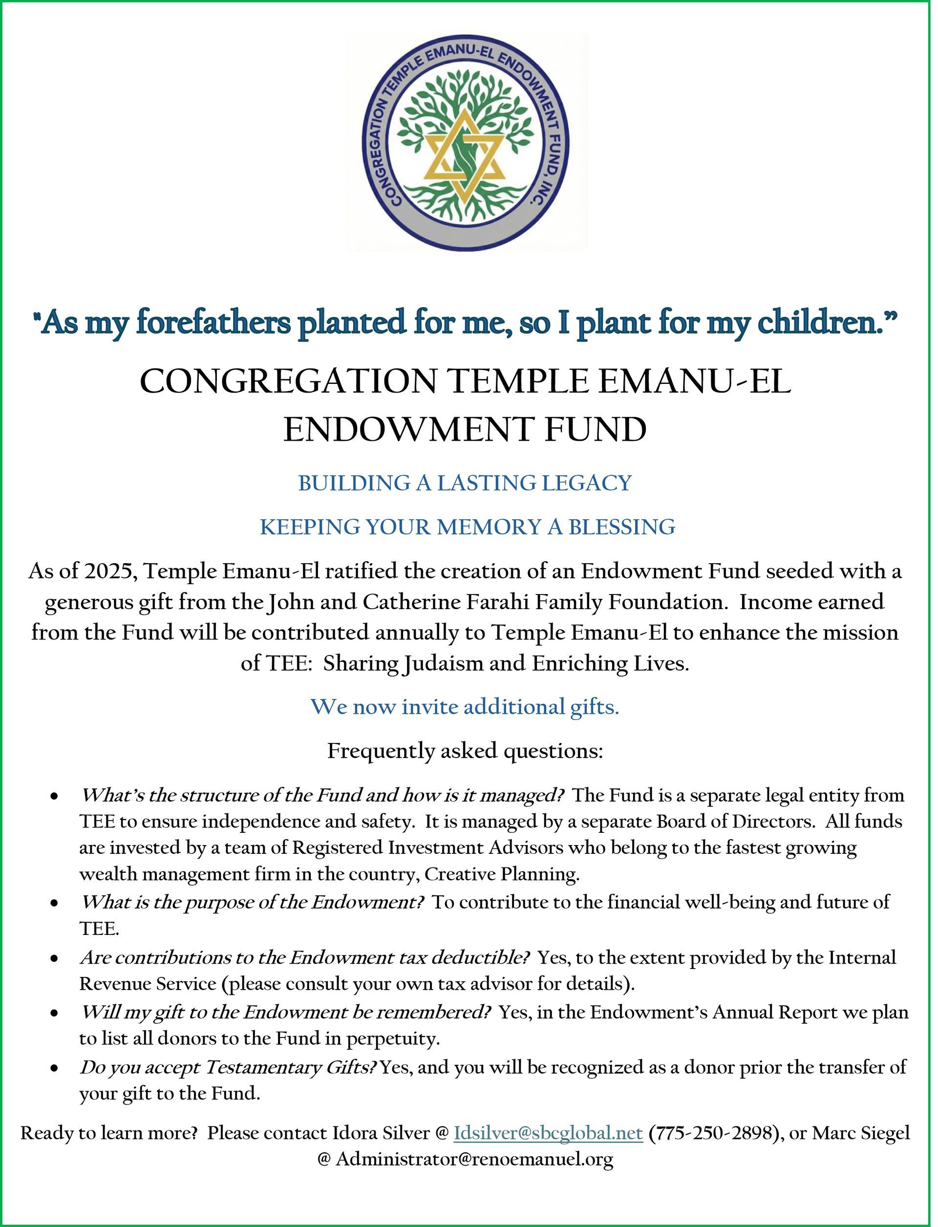 Temple Emanu-El Endowment Fund flyer